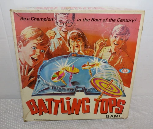 BATTLING TOPS VINTAGE 1968 IDEAL FAMILY BOARD GAME - 5 TOPS, 4 PULLERS & 2 PEGS