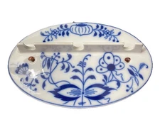 Vtg Blue White Onion Floral 6 1/2” Ceramic Wall Hanging 3 Slot Spoon Holder Rack