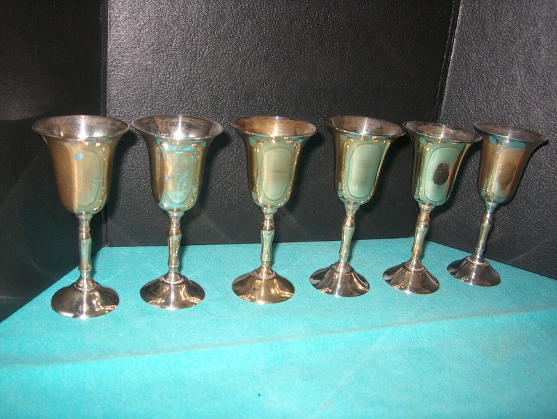 VINTAGE MARKED "M" SILVER PLATE OVER BRASS MINI STEMED GOBLETS SILVER OVER BRASS