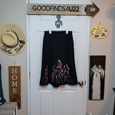 Vintage Michele Pleated Embroidered Floral Boho Black Midi Skirt Sz 10