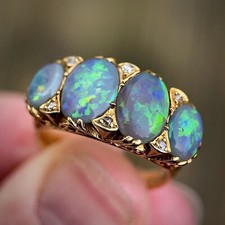 18ct Gold Antique Victorian Black Crystal Opal & Old Cut Diamond Ring IMPRESSIVE