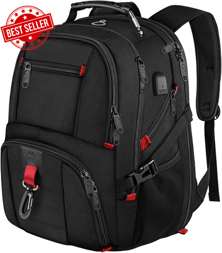 55L Backpack, 18.4" Laptop Travel Bag, USB Charging, Water-Resistant, Black - Picture 9 of 12