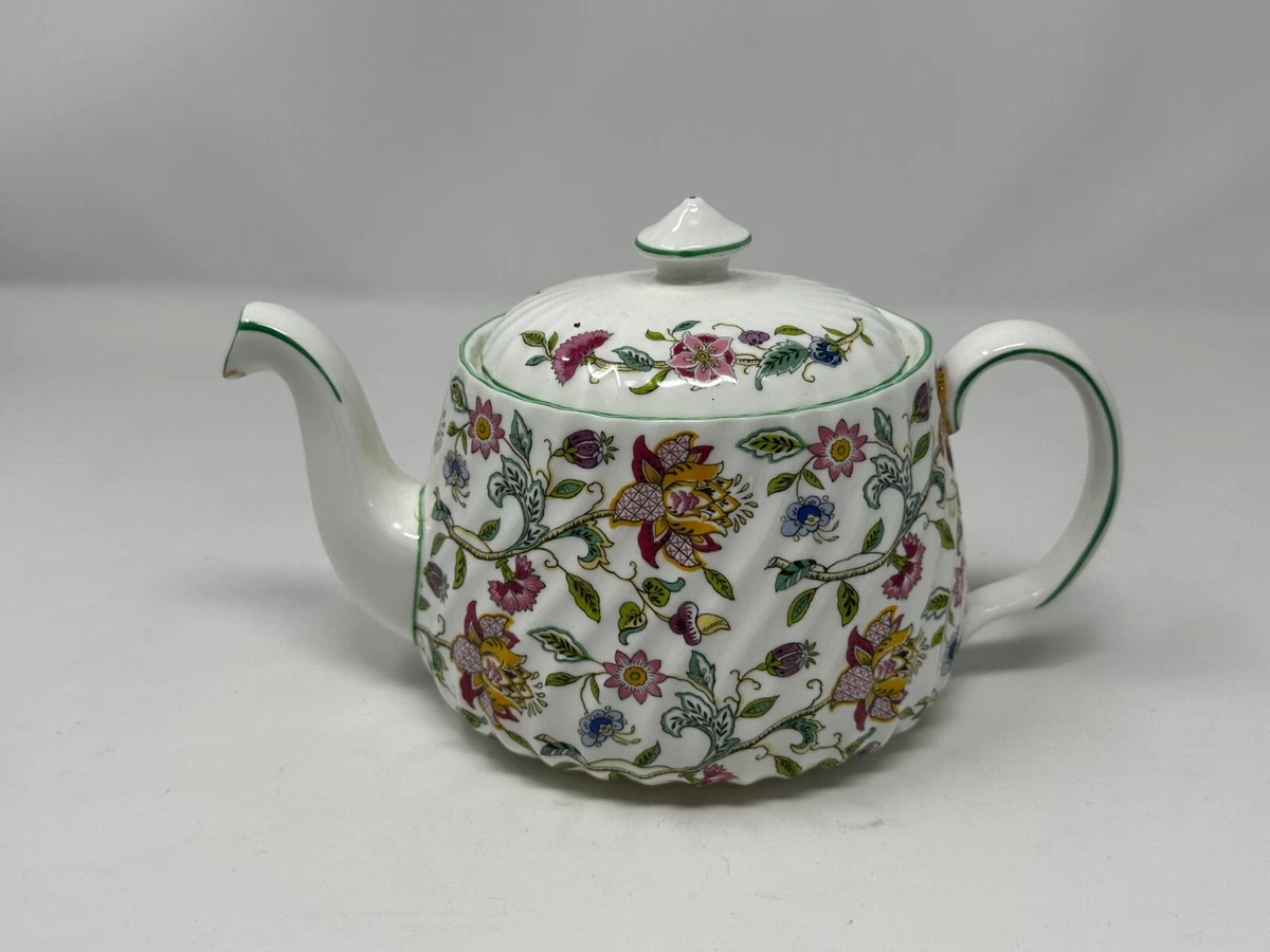 Minton Haddon Hall Full Size Teapot Green Rim Pattern Bone China