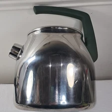 Vintage MEPRA Tea Kettle teapot Stainless steel INOX 18/10 Italy Green handle