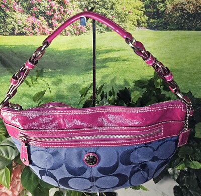Coach LAURA Signature Hobo Purse F14938 MAGENTA & BLUE Shoulder 