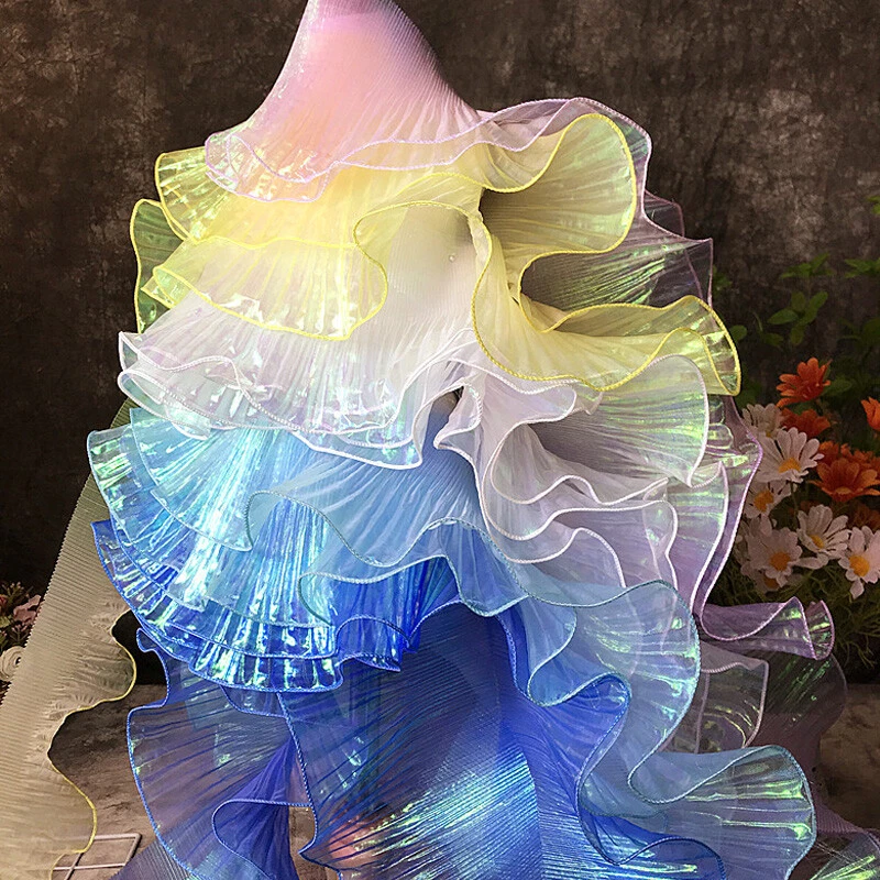 Tela con volantes láser degradado malla plisada recorte artesanías vestido tela de encaje hágalo usted mismo Foto 4 de 4