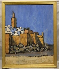 1950s Abstract Landscape Painting Morocco Coast acrylic canvas Signed 