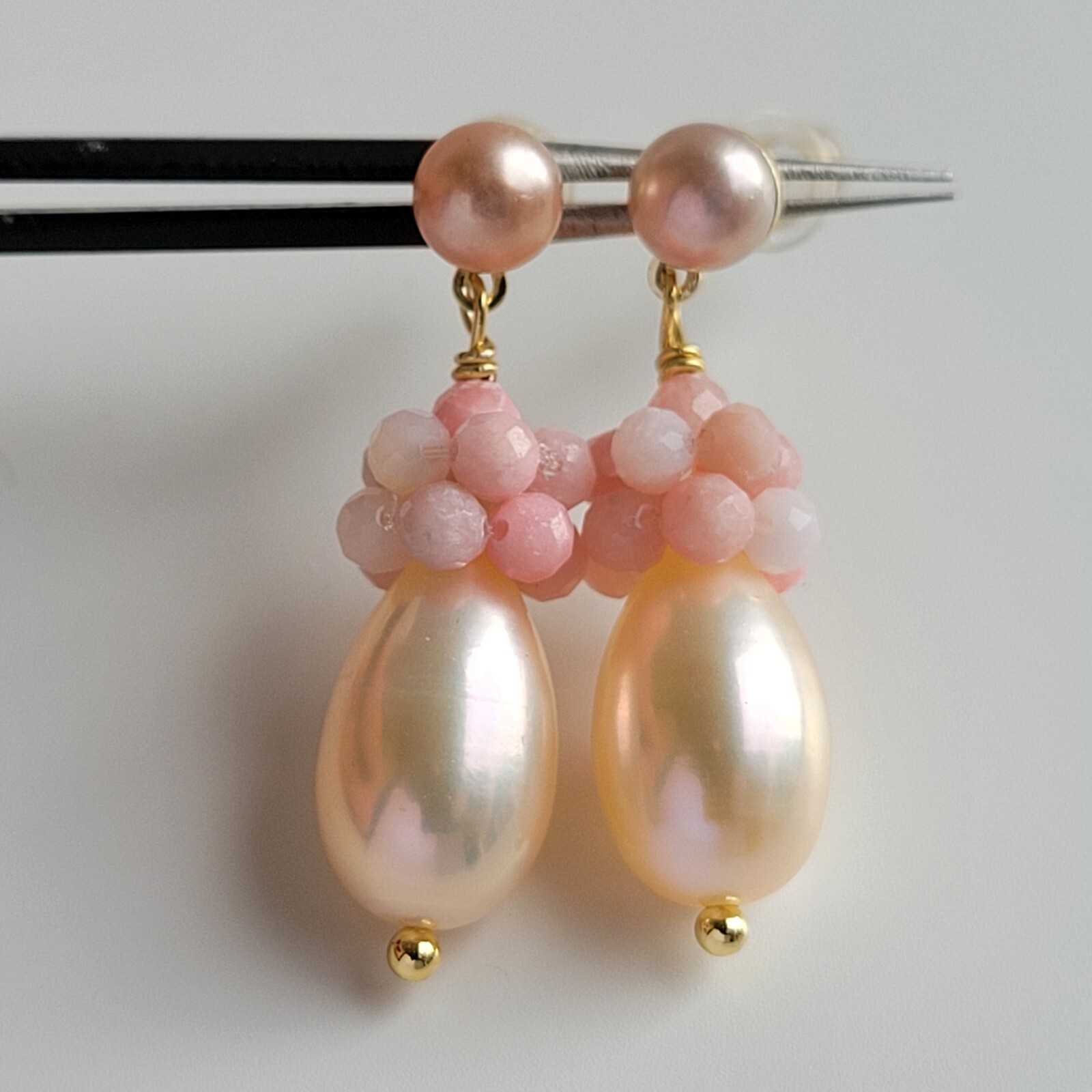 Boucles d'oreilles argent 925 perles de culture et opale rose de prestige