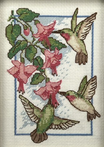 Hummingbirds Pink Flowers Floral Scene Cross Stitch Needlepoint Framed Wall Art - Picture 2 of 13