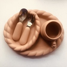5pcs Toddler Braided Feeding Set, Silicone Plates Clay Color
