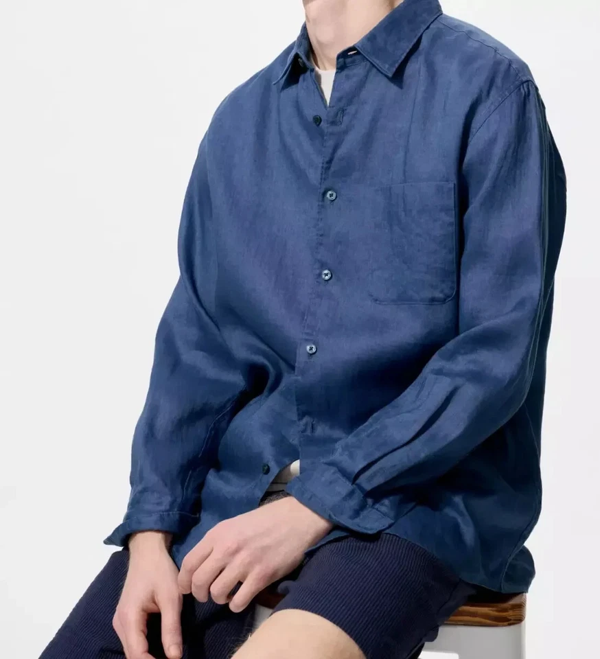 Men UNIQLO Premium Linen 100% Shirt Solid 10 color Stripe subtle glossy sheen - Image 4 of 4