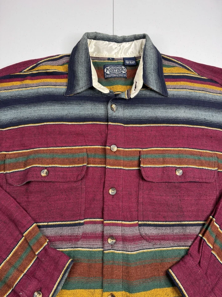 Vtg Point Zero Shirt Heavy Cotton Mexican Striped Blanket Aztec Grunge Y2K L - Image 4 of 4
