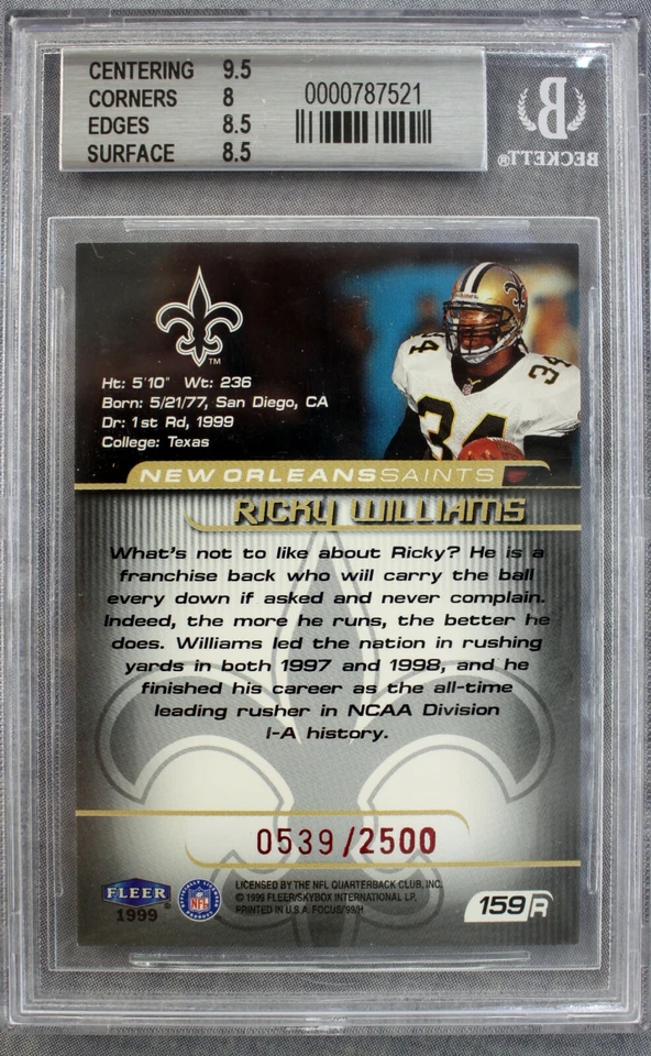 Ricky Williams Texas Saints Rookie 1999 Fleer Focus Red Card #159 BGS 8.5 #/2500 - Image 2 of 2