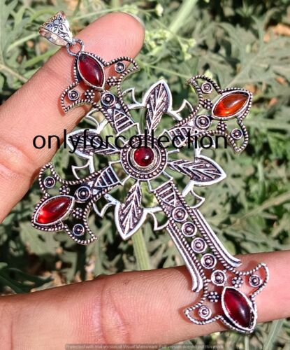 Garnet Gemstone 925 Sterling Silver Plated 1 PC Cross Vintage Pendant Jewelry - Picture 1 of 3
