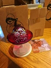 BRAND NEW! Fenton Glass Red Hat Hand Painted Bow & Flowers W/ Wooden Stand A-227