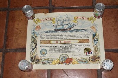 *LR*  Plank Owner Us Navy Certificate By  RE DARNELL   -Vintage 1953  (IEG57)