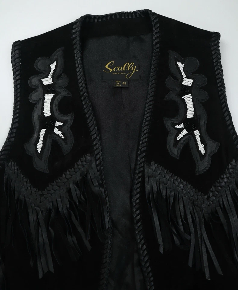 Vintage Scully Hand Beaded Genuine Leather Vest Fringed Black Size 48 2XL - Image 4 of 4