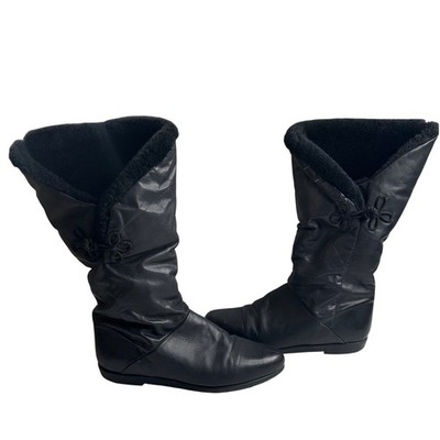 Vintage Black Leather Mid Calf Boots Faux Fur Lined Frog Closure Canada 8M chic