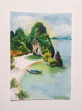 Original ACEO Painting OOAK Watercolor Miniature Tropical Beach Cove Boat Art