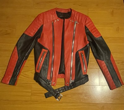 Balmain X H&M Designer Red Leather Jacket  motor cycle Euro Sz 50 USA M