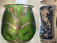 Loetz Iridescent Glass Silvered Vase. Stripes & Spots. Damaged