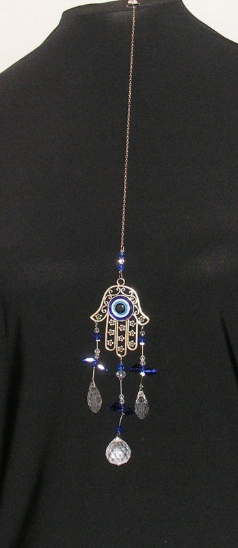 Hamsa Hand and Glass Evil Eye - Blue Beads - Facetted Crystal Sun Catcher