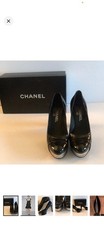 CHANEL Black Patent Leather Platform Block Heel Closed Toe Slip On Logo US 7.5 B