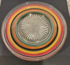 7 VINTAGE MCM ANCHOR HOCKING RING DING CIRCUS STRIPE FLUTED Salad Plates 8 1/4”