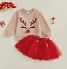 NEW Reindeer Girls Christmas Tutu Skirt Outfit Set