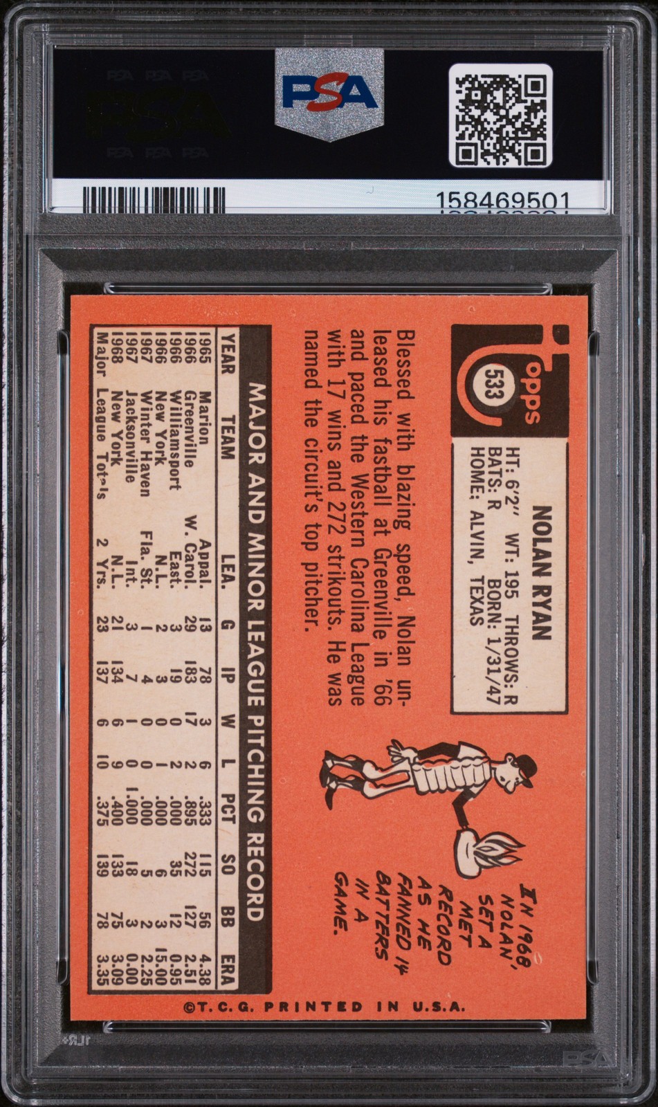 1969 TOPPS #533 NOLAN RYAN PSA 5 view 2