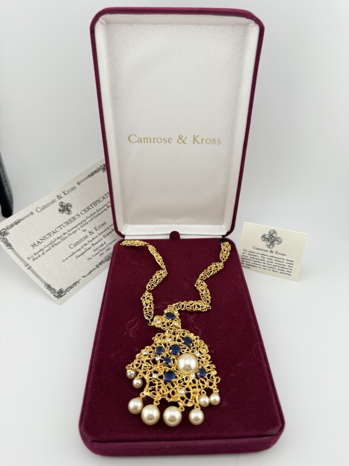 CAMROSE & KROSS JBK GOLDTONE FAUX PEARL & BLUE CRYSTAL 25” NECKLACE K998A