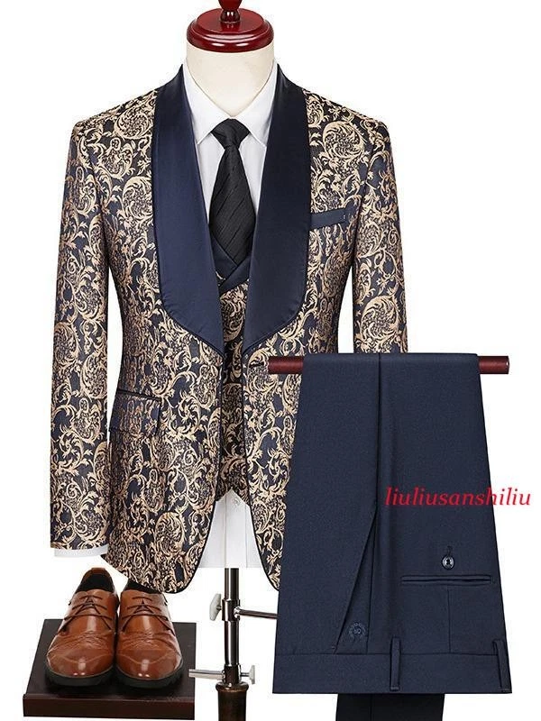 Mens Jacquard Blazer+Vest+Pants Suits Coats Banquet Party Casual Slim Fit 3PCS