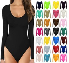 Ladies Women Scoop Neck Bodysuit Long Sleeve Leotard Plain Stretch Top Casual