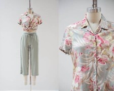 vintage mint green floral elastic waist pants blouse lounge set