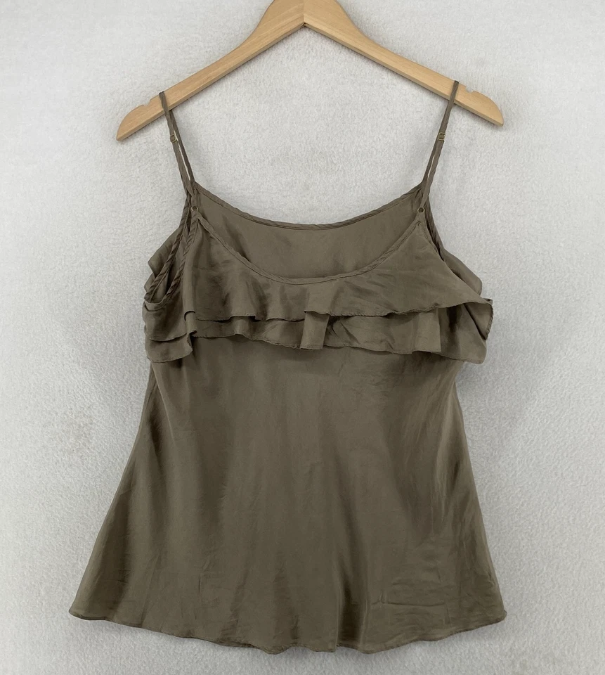 Camiseta sin mangas KENAR para mujer 14 camisola con volantes de seda correa de espagueti concha marrón topo Foto 3 de 4