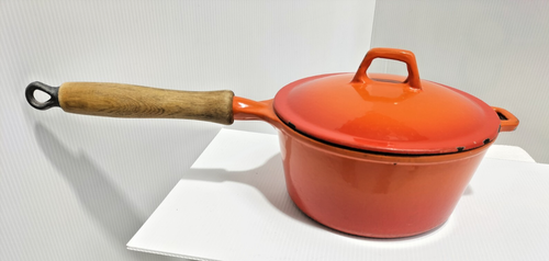 Vintage Cast Iron Saucepan Pot w Lid Wood Handle Quality Enamelled Orange - AF - Picture 2 of 8