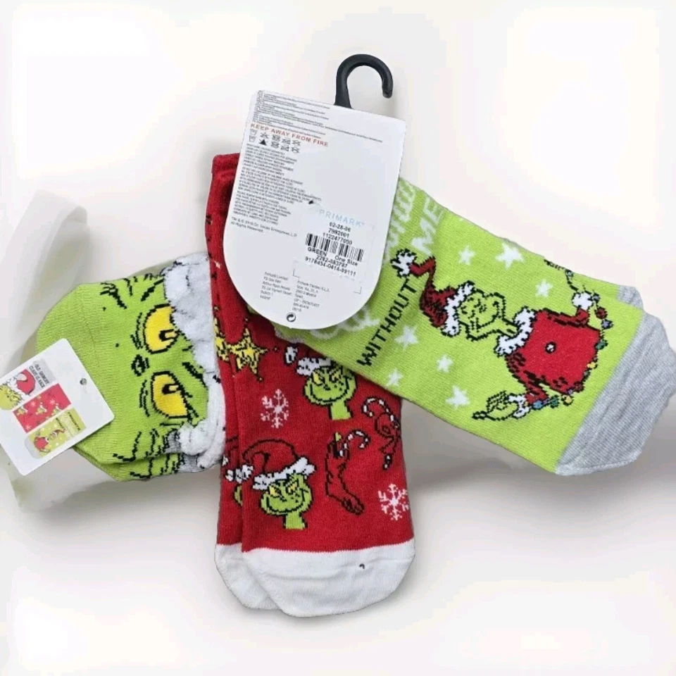 Paquete de 3 calcetines de corte bajo Christmas Grinch para mujer Primark novedad acogedor invierno Foto 2 de 3