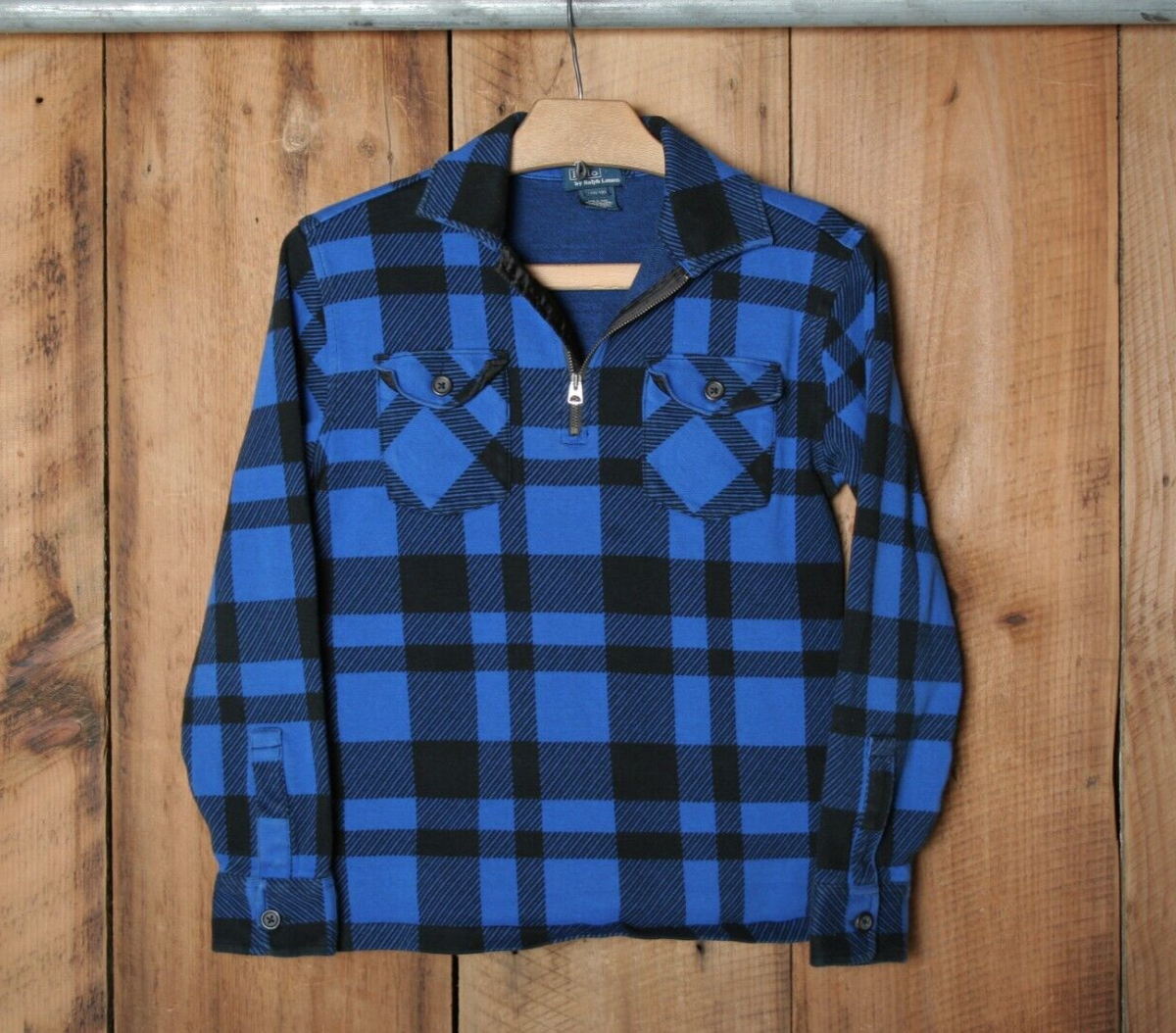 POLO RALPH LAUREN Blue & Black Plaid 1/4 Zip Polo Shirt Youth Sz