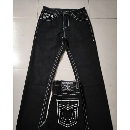 Jeans marca high street fashion americana con filo spesso bianco e grande Buddha - Foto 8 di 19