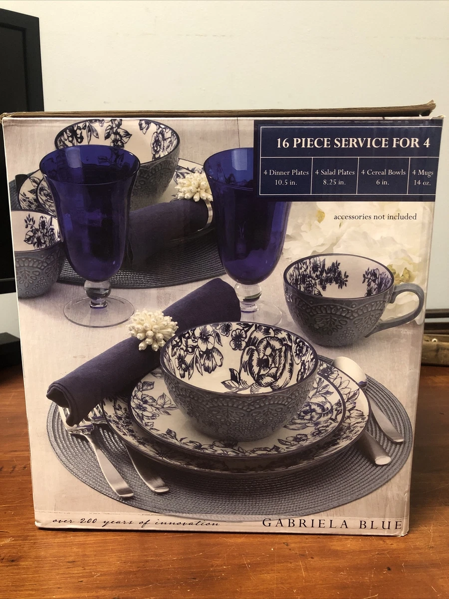 16-Piece Stoneware Dinnerware Set, Blue Dinner Set, Service for 4