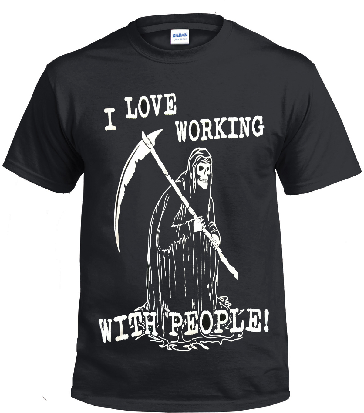 I LOVE WORKING WITH PEOPLE FRONT PRINTED COTTON T SHIRT SKULL GOTH REAPER TOP