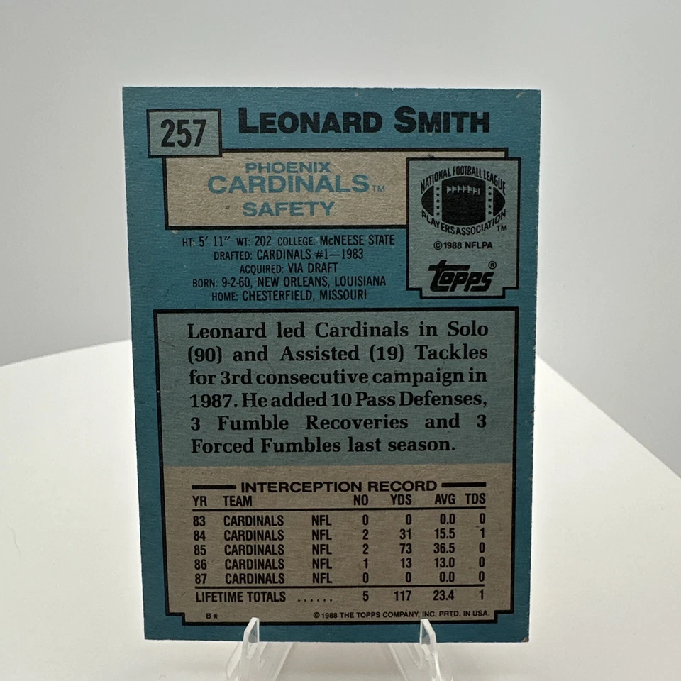1988 Topps Leonard Smith Rookie Phoenix Cardinals #257 - Image 2 of 2