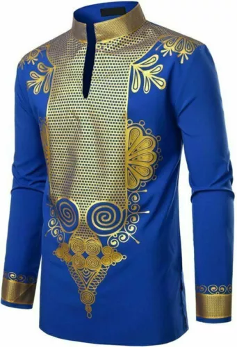 Hot Men Print Shirt African Dashiki Luxury Tribal Metallic Gold Top Blouse Shirt - Picture 3 of 17