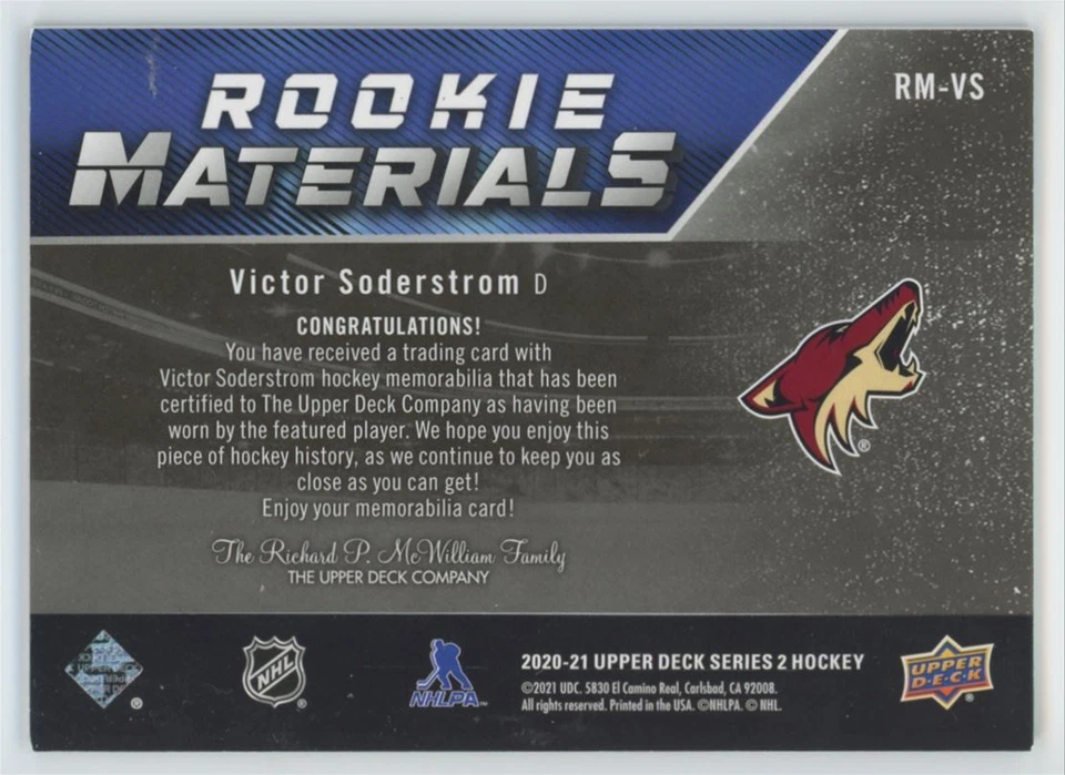 2020-21 Upper Deck Rookie Materials Victor Soderstrom Arizona Coyotes #RM-VS - Image 2 of 2