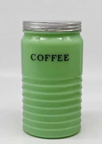 Vintage green Jeanette Jadeite ribbed 40 oz coffee canister uranium glass