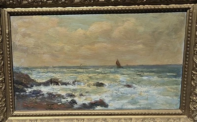 Tableau ancien signé. Paysage Marin. Peinture huile sur panneau de bois. - Photo 1/4