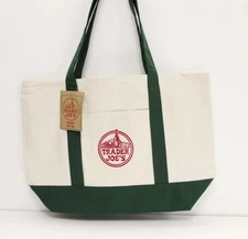 Trader Joe's Large Canvas Tote Reusable Bag 20x14x6" Green/White NE