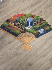 Vintage Wandfächer groß asiatisch orientalisch Holz Papier handbemalt Unikat Sammlerstück
