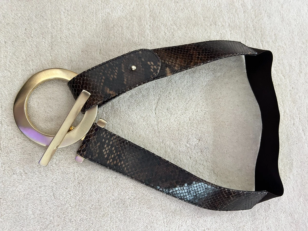 Suzi Roher Snakeskin Embossed Elastic Toggle Belt Brown Brass Medium Canada Suzi Roher Size M Brown Belts for Women for sale | eBay main image 2