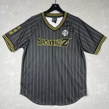 Dragon Ball Z Jersey Shirt Men’s Large Black Gold Pinstripe Goku Embroidered Y2K